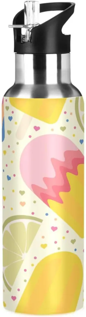 Kigai Ice Cream Lemon Insulated Water Bottle with Straw Lid BPA-Free 20 oz Double Wall Vacuum Stainless Steel Leakproof Sports Water Bottle for Travel Fitness Gym