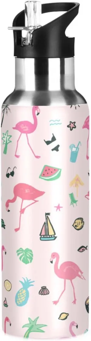 Kigai Summer Flamingo Insulated Water Bottle with Straw Lid BPA-Free 20 oz Double Wall Vacuum Stainless Steel Leakproof Sports Water Bottle for Travel Fitness Gym