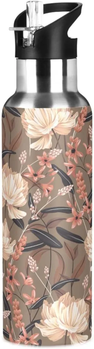 Kigai Vintage Flower Insulated Water Bottle with Straw Lid BPA-Free 20 oz Double Wall Vacuum Stainless Steel Leakproof Sports Water Bottle for Travel Fitness Gym