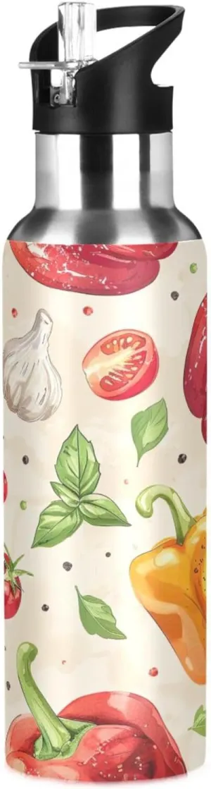 Kigai Watercolor Vegetables Insulated Water Bottle with Straw Lid BPA-Free 20 oz Double Wall Vacuum Stainless Steel Leakproof Sports Water Bottle for Travel Fitness Gym