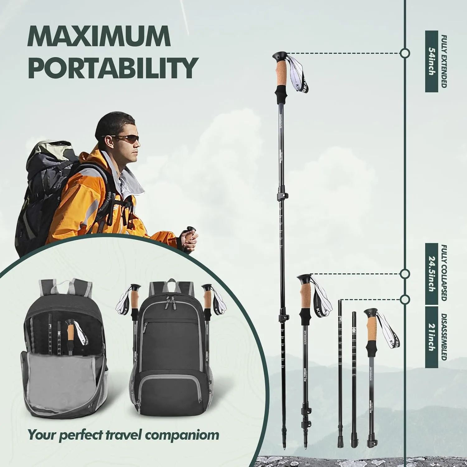 KINGGEAR Nordic Walking Stick, TP1 Hiking Poles Retractable Lightweight 7075 Aluminum, Trekking Poles with Flip Lock, Natural Cork and EVA Grip, 2pc Hiking Gear