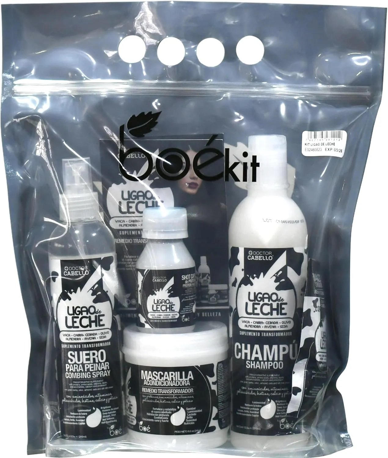 Kit Ligao de Leche (4/1) Hair Care Set – Shampoo, Hair Mask, Protein Shot & Combing Spray – Deep Repair & Shine with Biotin, Milk Proteins, Collagen & Amino Acids – 4-Piece Kit