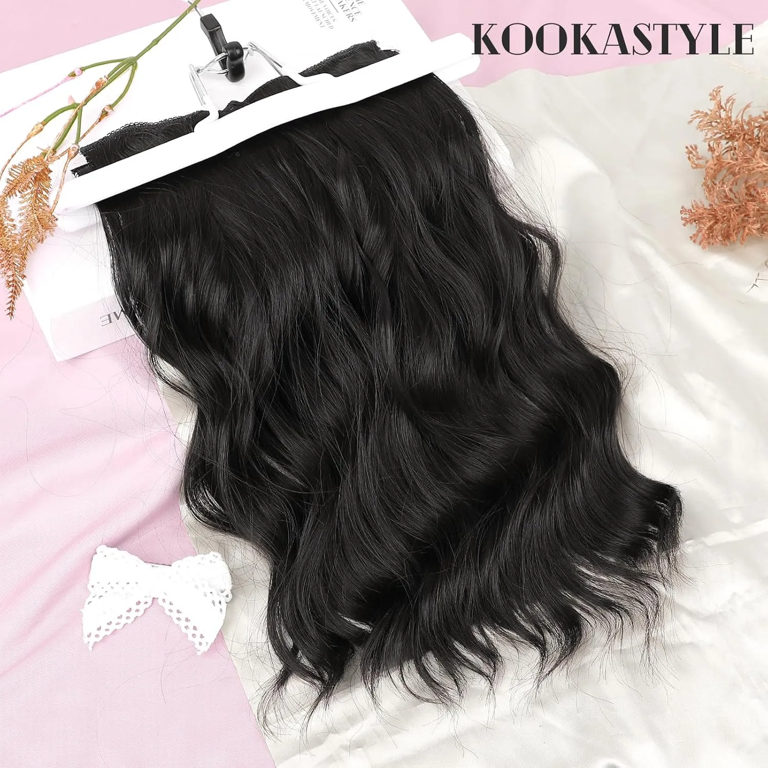KooKaStyle Clip in Hair Extensions Short Wavy Hair Extensions 6PCS for Full Head Thick Synthetic Hairpieces for Women 14Inch(Black)