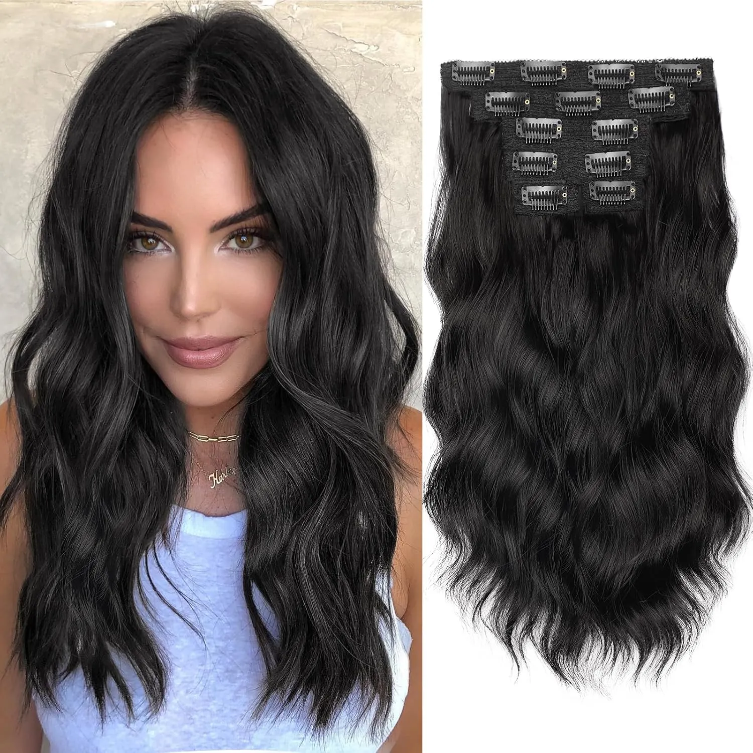 KooKaStyle Clip in Hair Extensions Short Wavy Hair Extensions 6PCS for Full Head Thick Synthetic Hairpieces for Women 14Inch(Black)