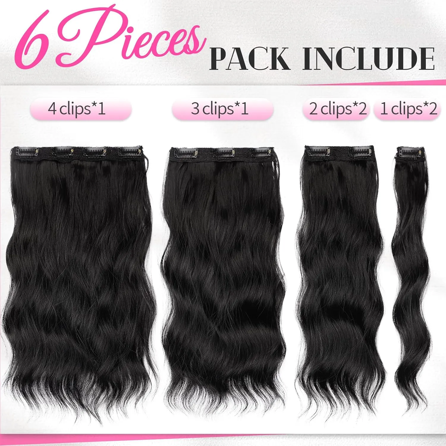 KooKaStyle Clip in Hair Extensions Short Wavy Hair Extensions 6PCS for Full Head Thick Synthetic Hairpieces for Women 14Inch(Black)