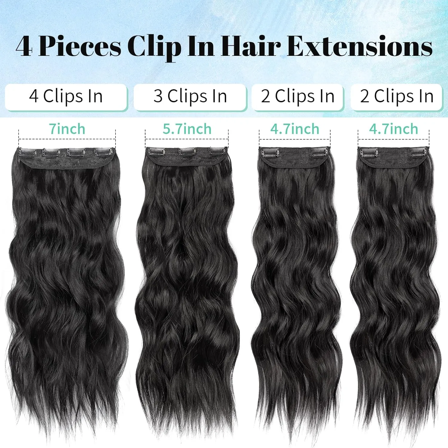 KooKaStyle Clip in Synthetic Hair Extensions Long Wavy 4PCS Thick Hairpieces Black Fiber Double Weft Natural Hair Extensions 24 Inch for Women