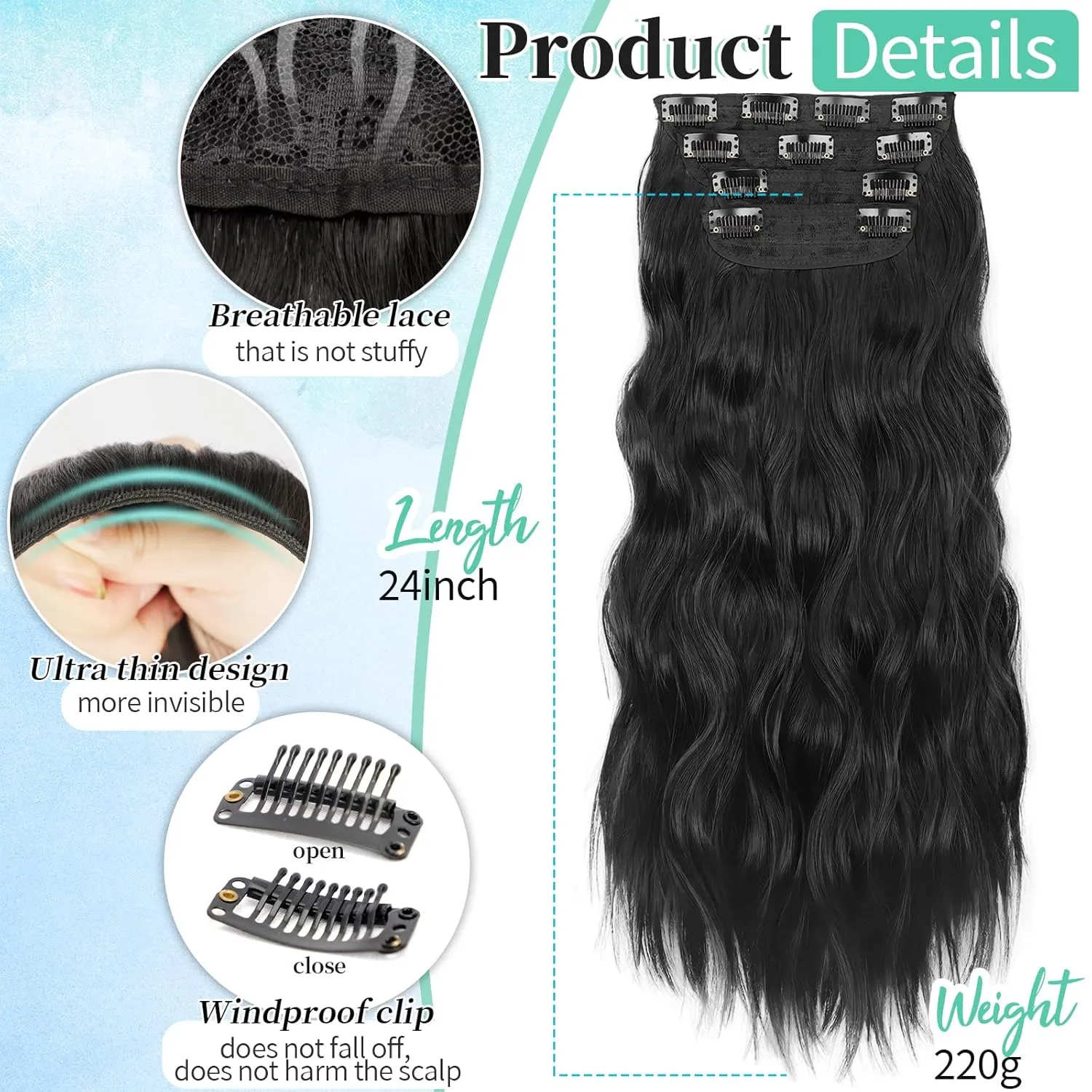 KooKaStyle Clip in Synthetic Hair Extensions Long Wavy 4PCS Thick Hairpieces Black Fiber Double Weft Natural Hair Extensions 24 Inch for Women