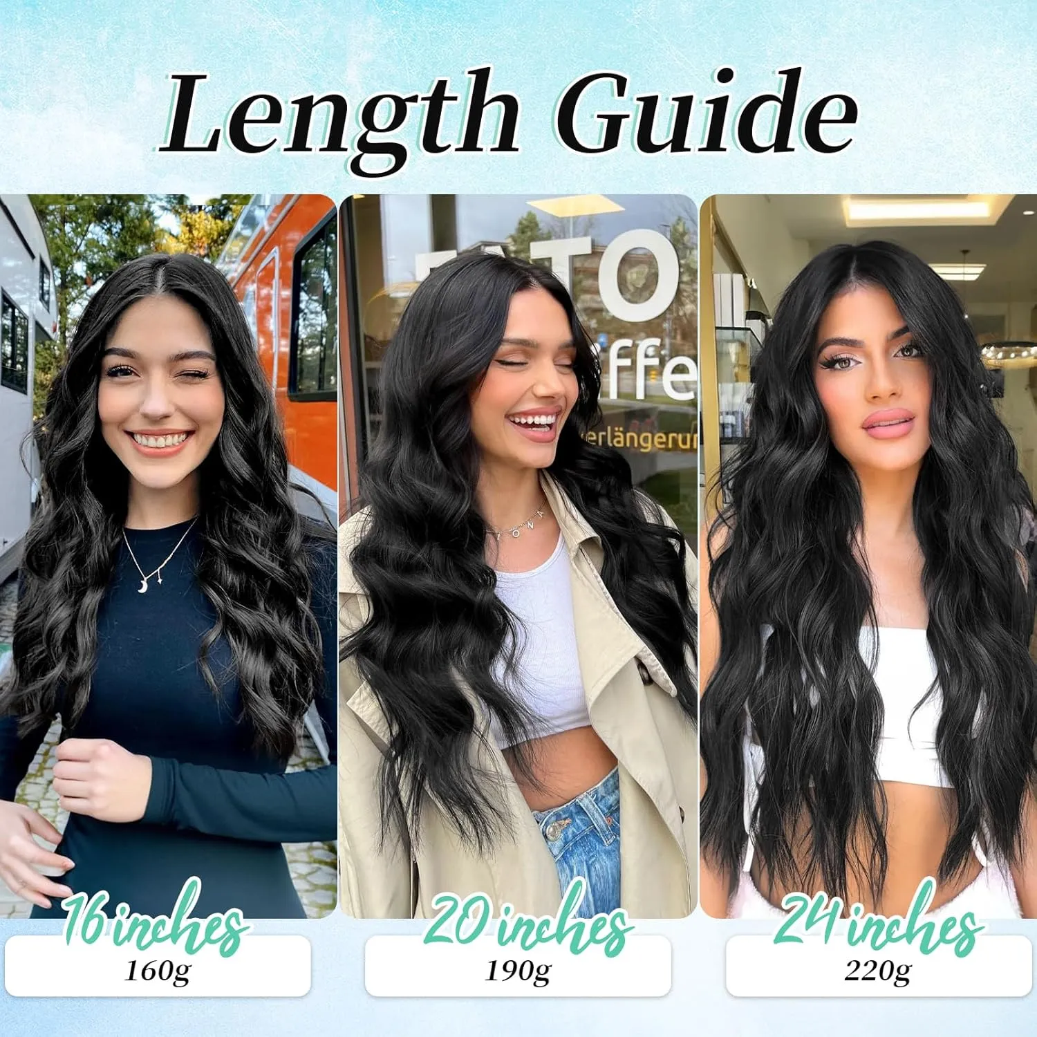 KooKaStyle Clip in Synthetic Hair Extensions Long Wavy 4PCS Thick Hairpieces Black Fiber Double Weft Natural Hair Extensions 24 Inch for Women