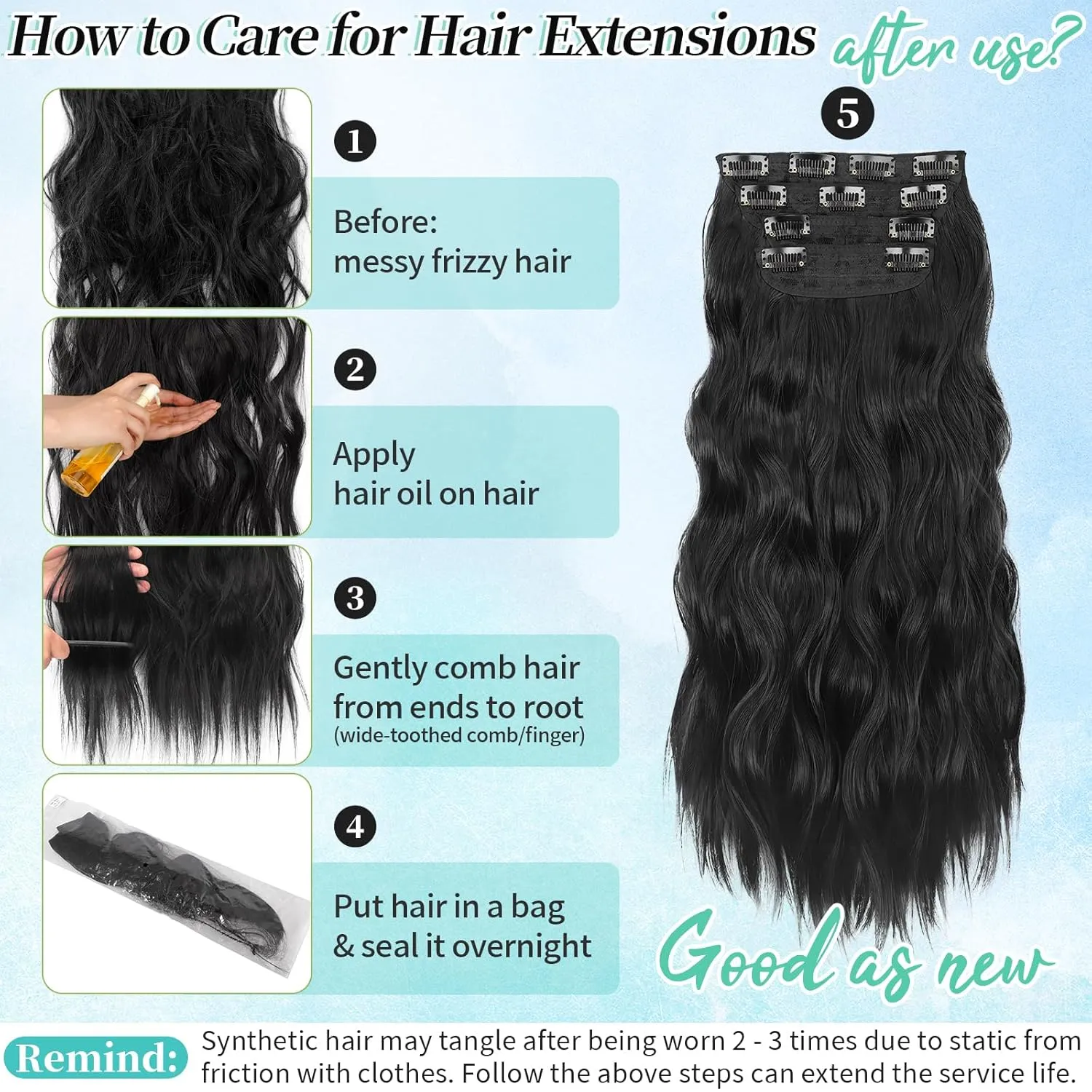 KooKaStyle Clip in Synthetic Hair Extensions Long Wavy 4PCS Thick Hairpieces Black Fiber Double Weft Natural Hair Extensions 24 Inch for Women