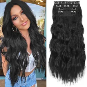 KooKaStyle Clip in Synthetic Hair Extensions Long Wavy 4PCS Thick Hairpieces Black Fiber Double Weft Natural Hair Extensions 24 Inch for Women