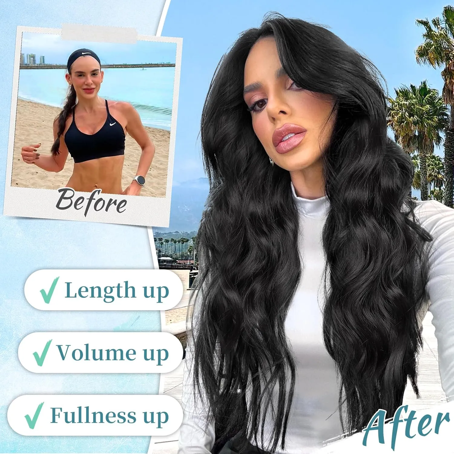 KooKaStyle Clip in Synthetic Hair Extensions Long Wavy 4PCS Thick Hairpieces Black Fiber Double Weft Natural Hair Extensions 24 Inch for Women