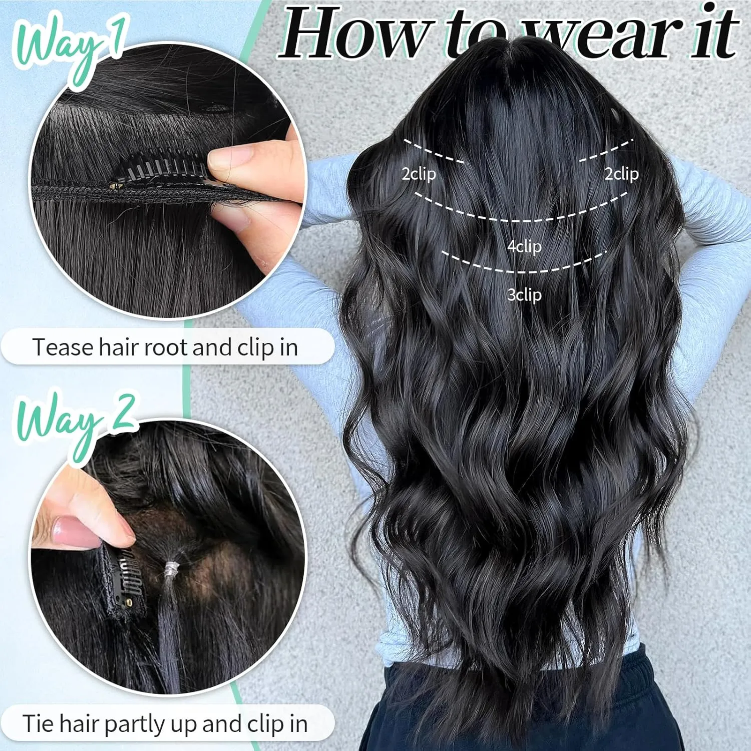 KooKaStyle Clip in Synthetic Hair Extensions Long Wavy 4PCS Thick Hairpieces Black Fiber Double Weft Natural Hair Extensions 24 Inch for Women