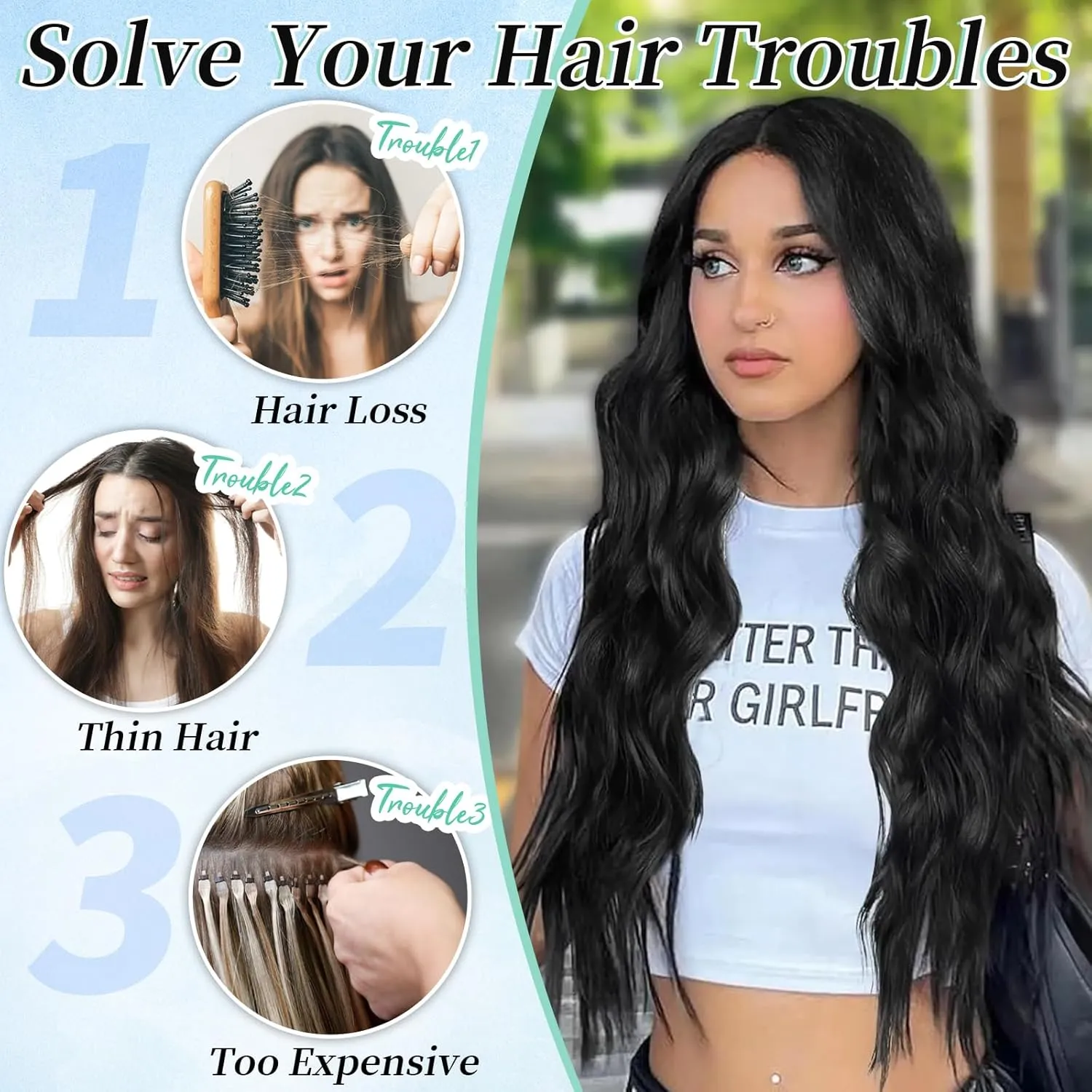 KooKaStyle Clip in Synthetic Hair Extensions Long Wavy 4PCS Thick Hairpieces Black Fiber Double Weft Natural Hair Extensions 24 Inch for Women