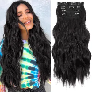 KooKaStyle Clip in Synthetic Hair Extensions Long Wavy 4PCS Thick Hairpieces Brunette Brown Fiber Double Weft Natural Hair Extensions 20 Inch for Women
