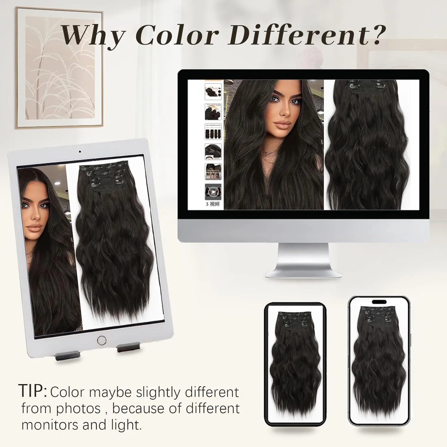 KooKaStyle Clip in Synthetic Hair Extensions Long Wavy 4PCS Thick Hairpieces Brunette Brown Fiber Double Weft Natural Hair Extensions 20 Inch for Women