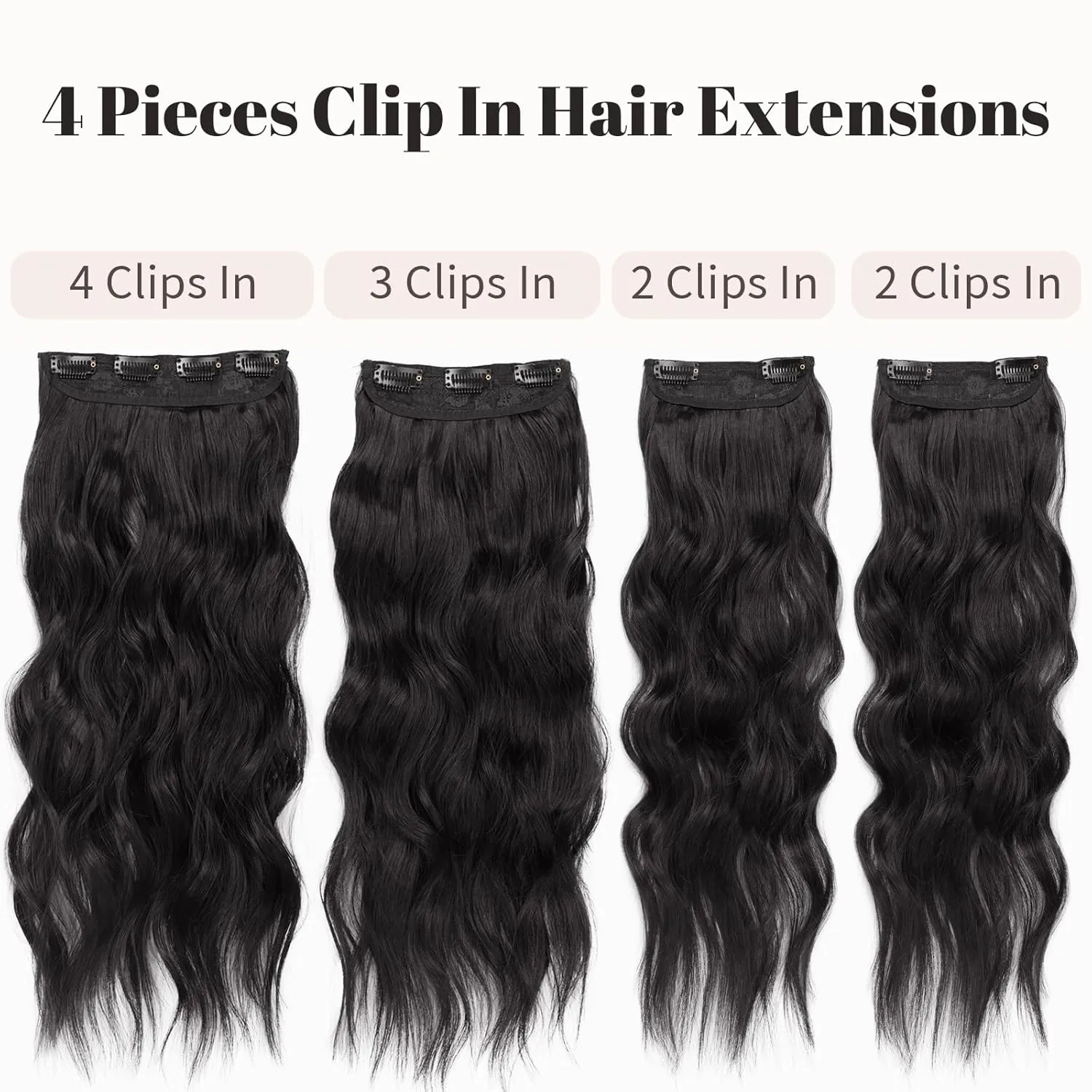 KooKaStyle Clip in Synthetic Hair Extensions Long Wavy 4PCS Thick Hairpieces Brunette Brown Fiber Double Weft Natural Hair Extensions 20 Inch for Women