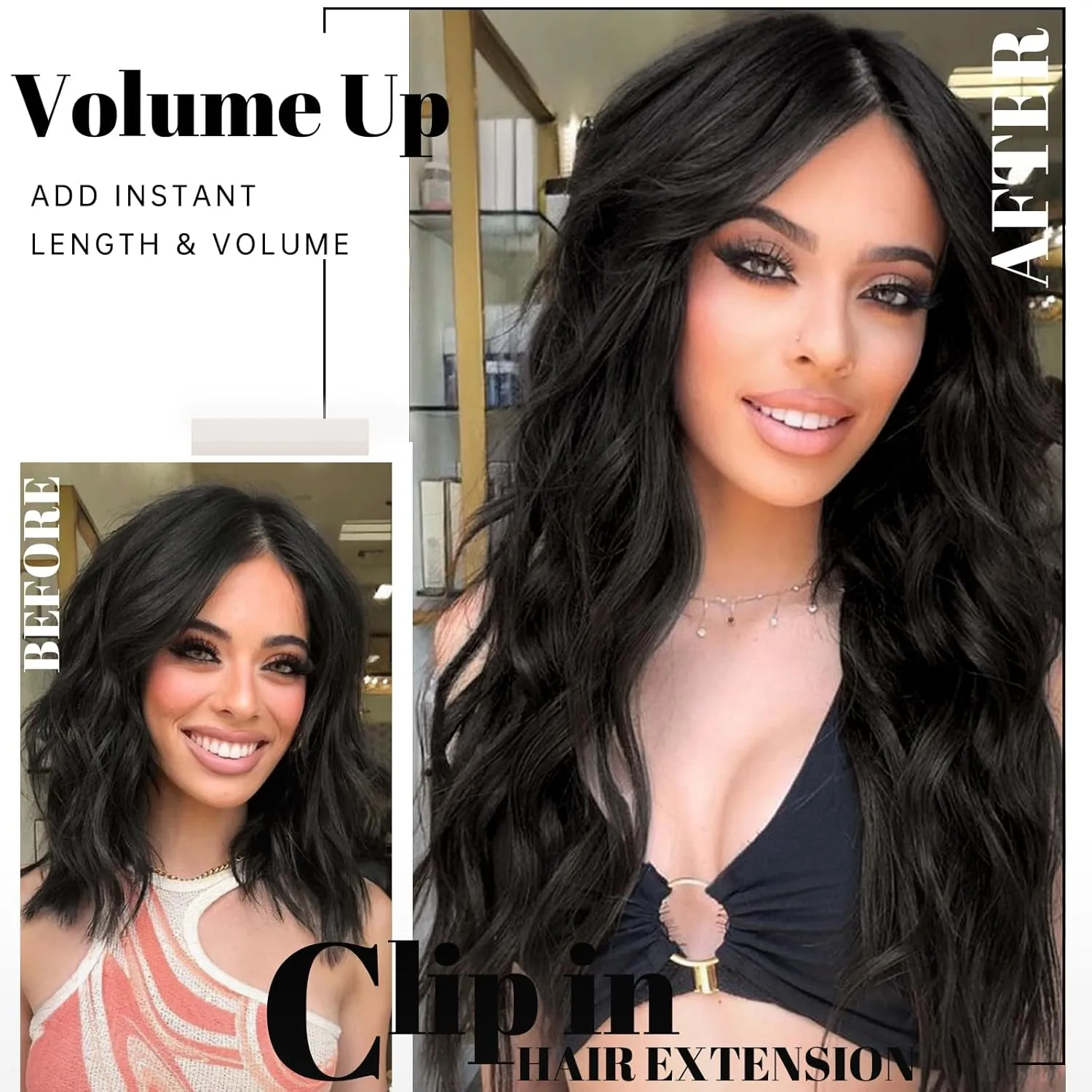 KooKaStyle Clip in Synthetic Hair Extensions Long Wavy 4PCS Thick Hairpieces Brunette Brown Fiber Double Weft Natural Hair Extensions 20 Inch for Women