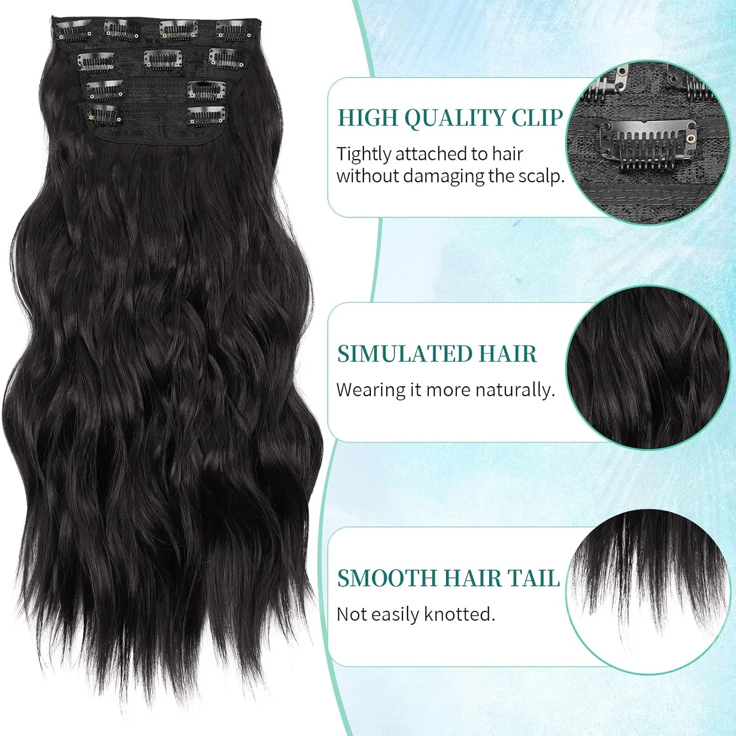 KooKaStyle Clip in Synthetic Hair Extensions Long Wavy 4PCS Thick Hairpieces Brunette Brown Fiber Double Weft Natural Hair Extensions 20 Inch for Women