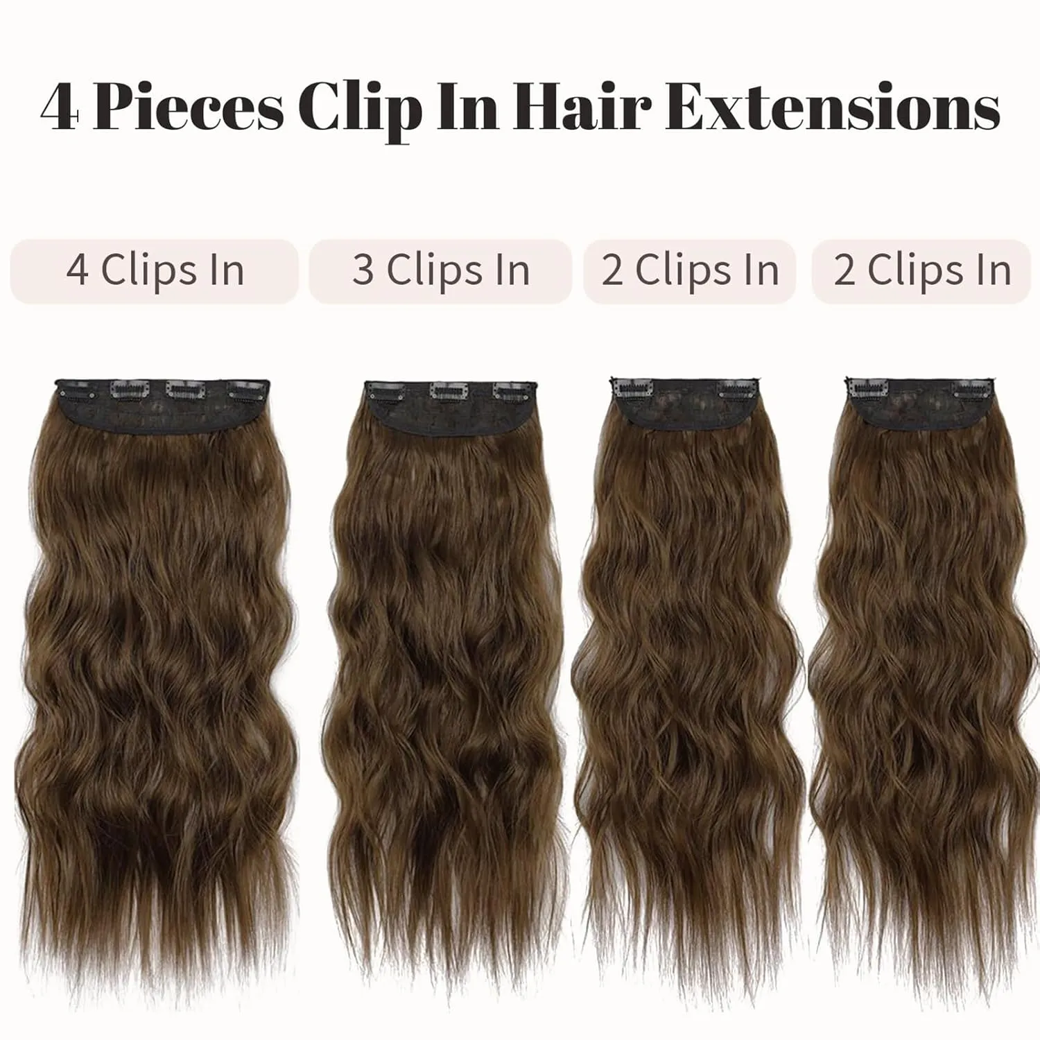 KooKaStyle Clip in Synthetic Hair Extensions Long Wavy 4PCS Thick Hairpieces Chestnut Brown Fiber Double Weft Natural Hair Extensions 20 Inch for Women