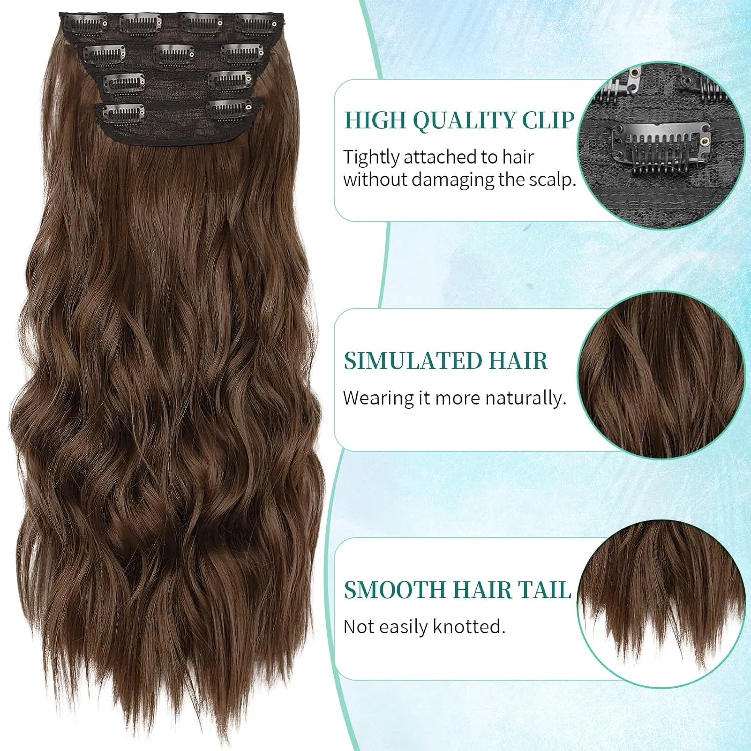 KooKaStyle Clip in Synthetic Hair Extensions Long Wavy 4PCS Thick Hairpieces Chestnut Brown Fiber Double Weft Natural Hair Extensions 20 Inch for Women
