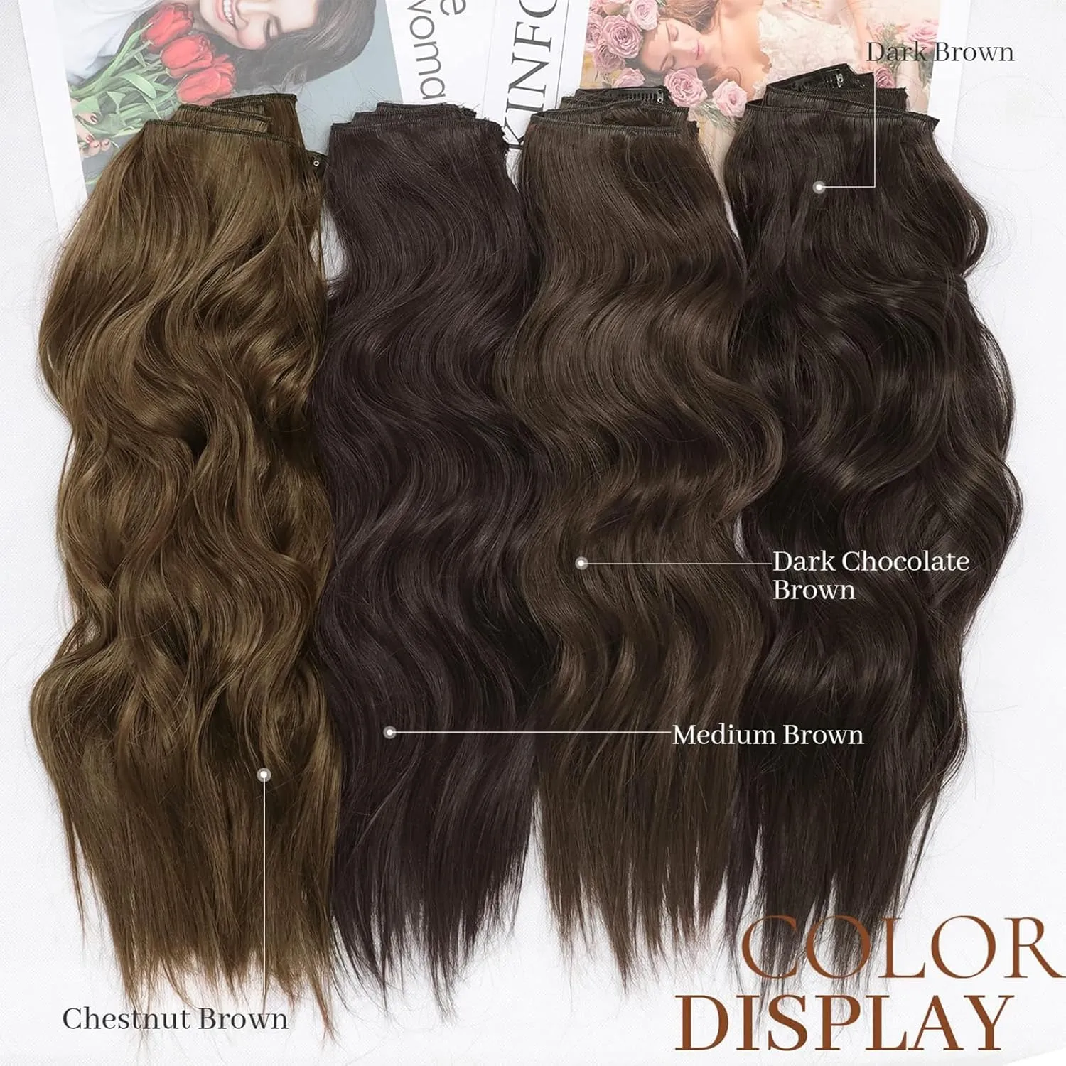 KooKaStyle Clip in Synthetic Hair Extensions Long Wavy 4PCS Thick Hairpieces Chestnut Brown Fiber Double Weft Natural Hair Extensions 20 Inch for Women