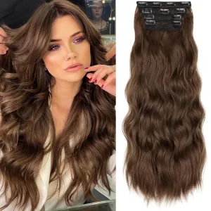 KooKaStyle Clip in Synthetic Hair Extensions Long Wavy 4PCS Thick Hairpieces Chestnut Brown Fiber Double Weft Natural Hair Extensions 24 Inch for Women