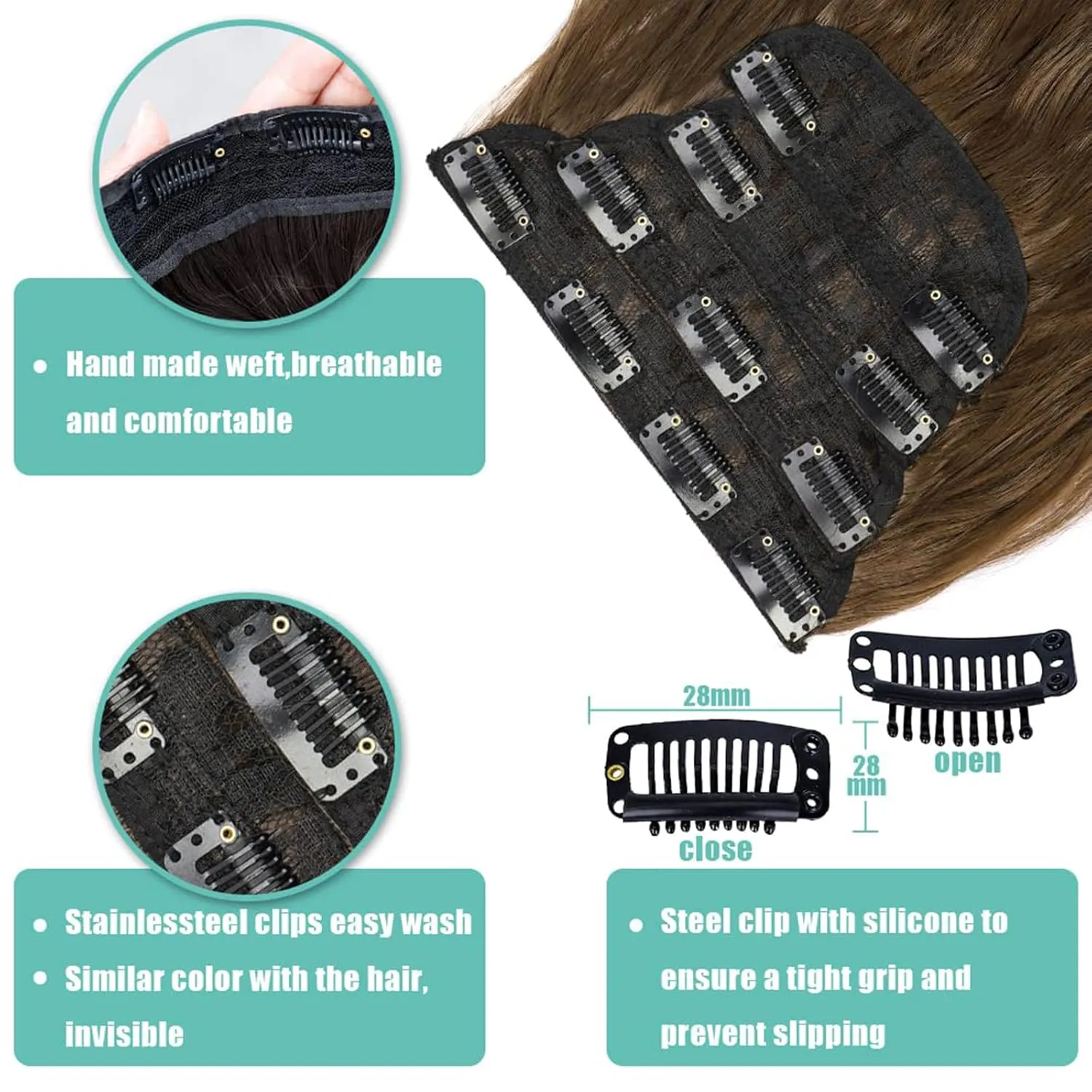 KooKaStyle Clip in Synthetic Hair Extensions Long Wavy 4PCS Thick Hairpieces Chestnut Brown Fiber Double Weft Natural Hair Extensions 24 Inch for Women