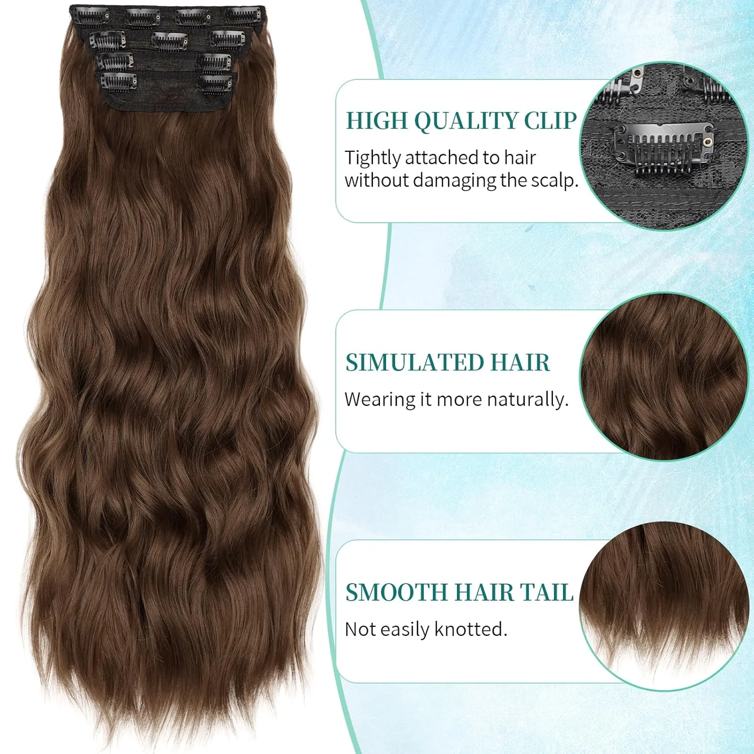 KooKaStyle Clip in Synthetic Hair Extensions Long Wavy 4PCS Thick Hairpieces Chestnut Brown Fiber Double Weft Natural Hair Extensions 24 Inch for Women