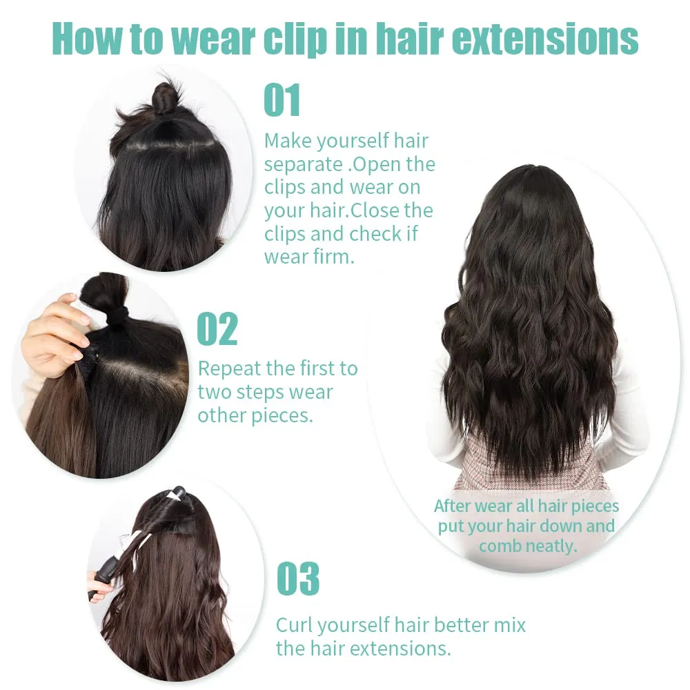 KooKaStyle Clip in Synthetic Hair Extensions Long Wavy 4PCS Thick Hairpieces Chestnut Brown Fiber Double Weft Natural Hair Extensions 24 Inch for Women