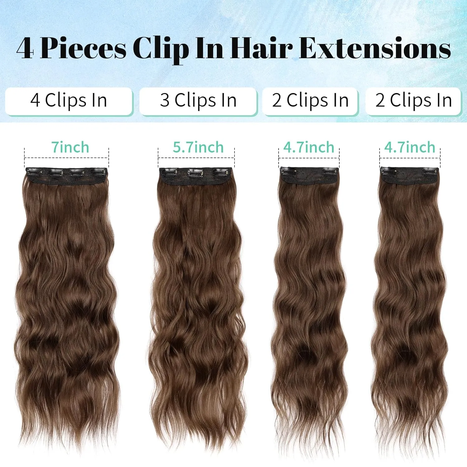 KooKaStyle Clip in Synthetic Hair Extensions Long Wavy 4PCS Thick Hairpieces Chestnut Brown Fiber Double Weft Natural Hair Extensions 24 Inch for Women