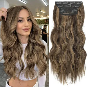 KooKaStyle Clip in Synthetic Highlight Hair Extensions Long Wavy 4PCS Thick Hairpieces Balayage Chocolate Brown to Caramel Blonde Fiber Double Weft Natural Hair Extensions 20 Inch for Women