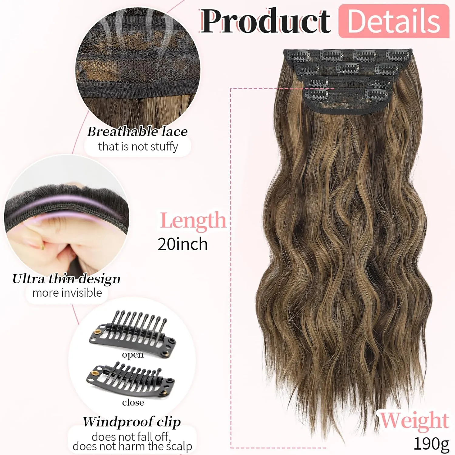 KooKaStyle Clip in Synthetic Highlight Hair Extensions Long Wavy 4PCS Thick Hairpieces Balayage Chocolate Brown to Caramel Blonde Fiber Double Weft Natural Hair Extensions 20 Inch for Women