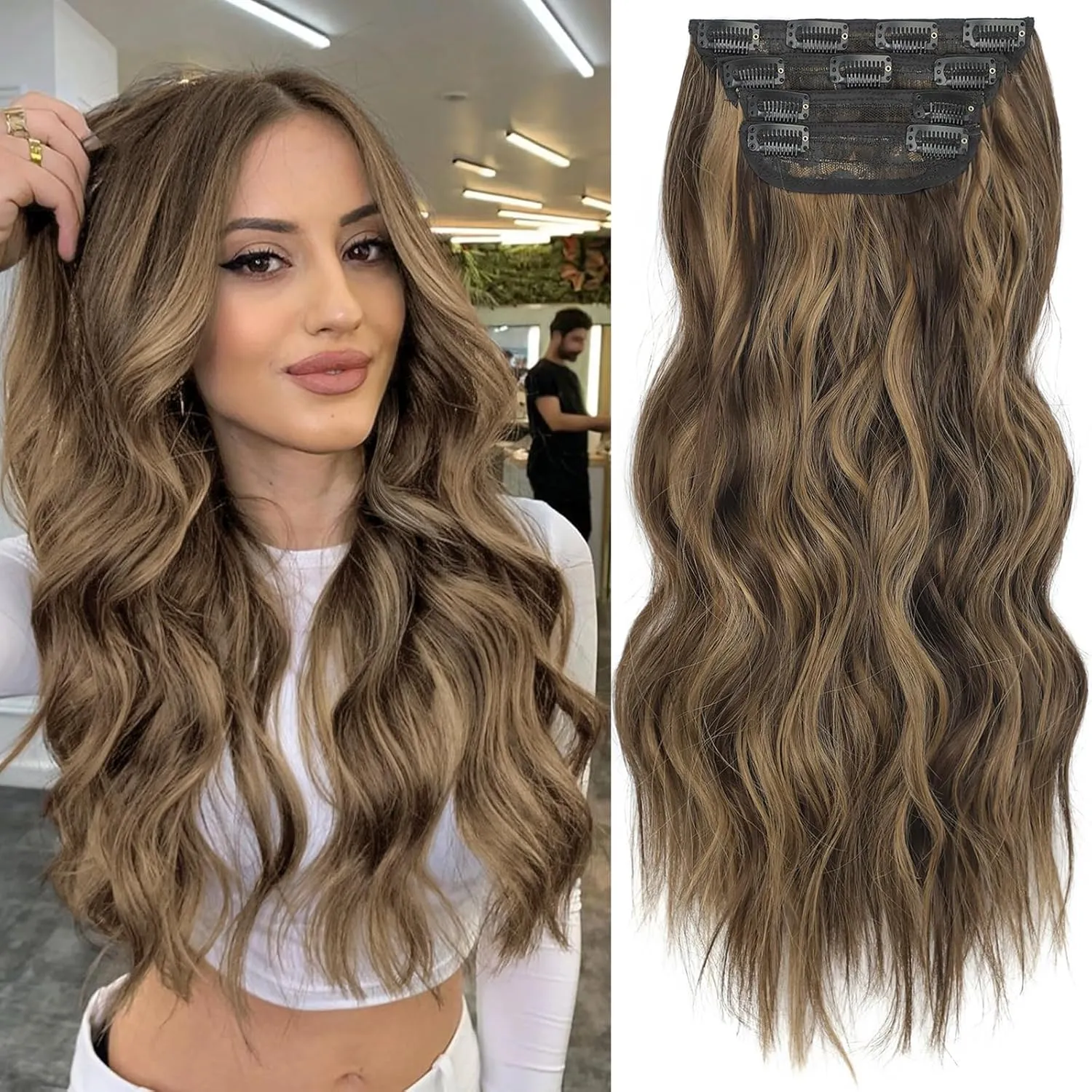 KooKaStyle Clip in Synthetic Highlight Hair Extensions Long Wavy 4PCS Thick Hairpieces Balayage Chocolate Brown to Caramel Blonde Fiber Double Weft Natural Hair Extensions 20 Inch for Women