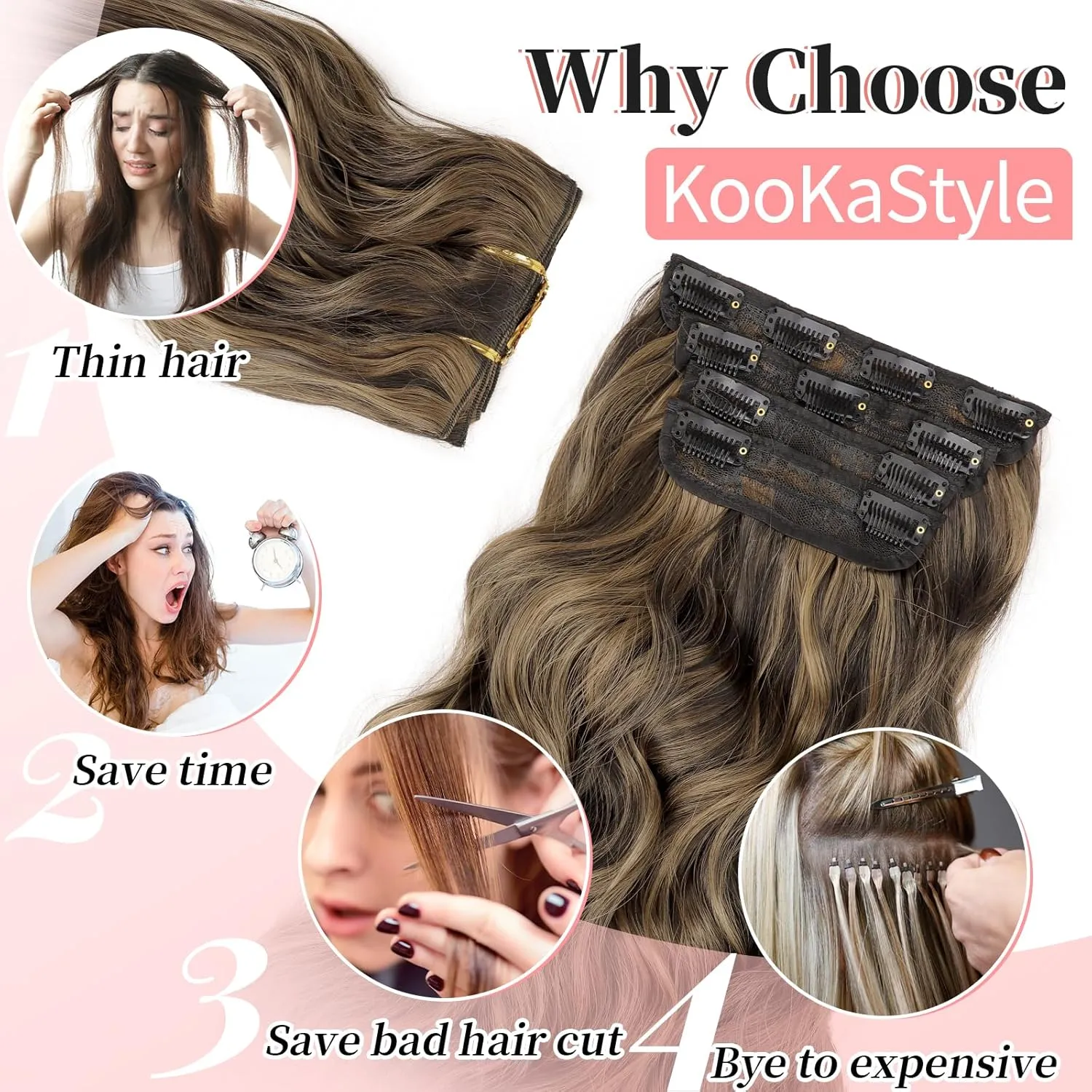 KooKaStyle Clip in Synthetic Highlight Hair Extensions Long Wavy 4PCS Thick Hairpieces Balayage Chocolate Brown to Caramel Blonde Fiber Double Weft Natural Hair Extensions 20 Inch for Women