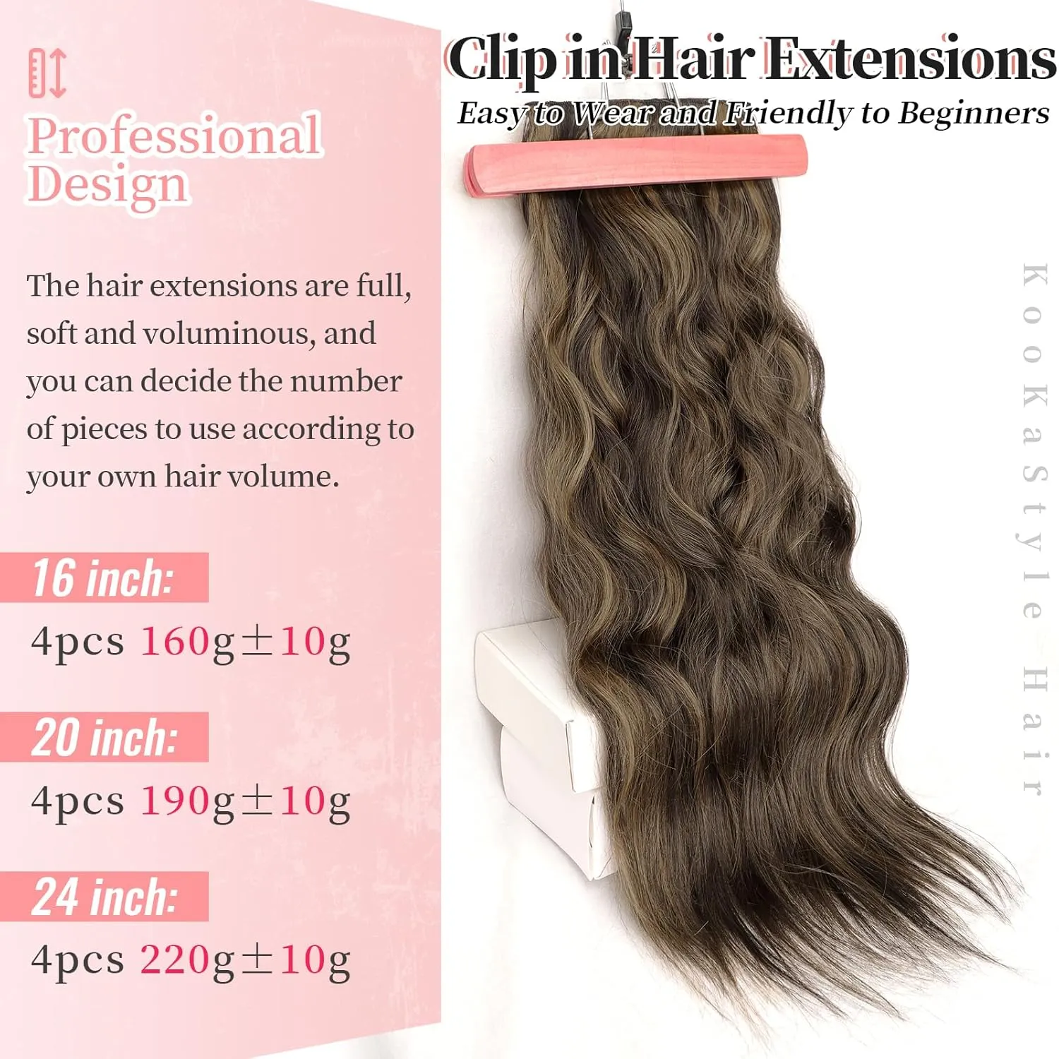 KooKaStyle Clip in Synthetic Highlight Hair Extensions Long Wavy 4PCS Thick Hairpieces Balayage Chocolate Brown to Caramel Blonde Fiber Double Weft Natural Hair Extensions 20 Inch for Women