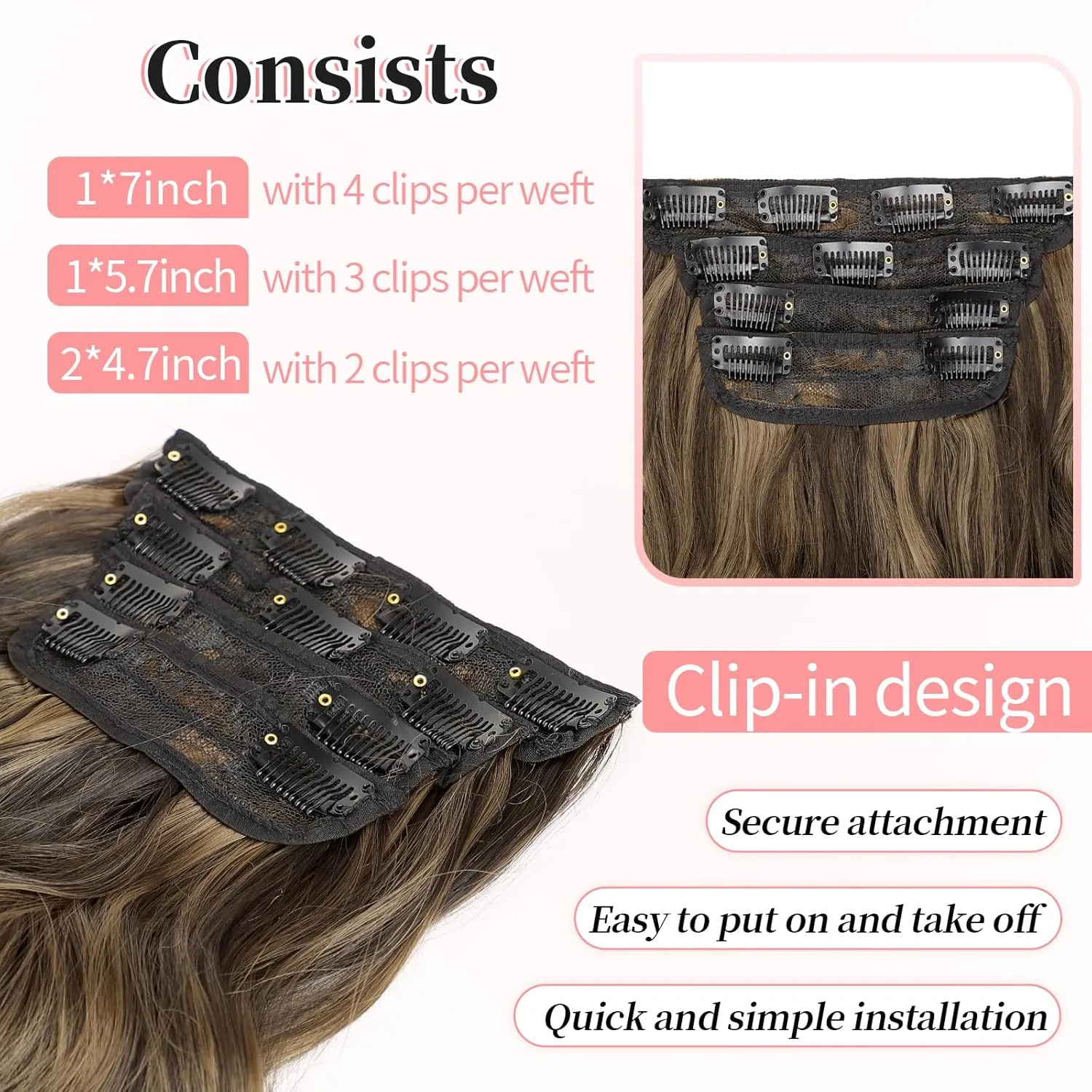 KooKaStyle Clip in Synthetic Highlight Hair Extensions Long Wavy 4PCS Thick Hairpieces Balayage Chocolate Brown to Caramel Blonde Fiber Double Weft Natural Hair Extensions 20 Inch for Women
