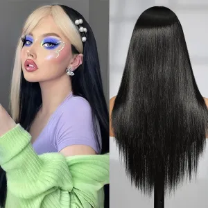 Lace Front Wig Synthetic Long Straight Gluless Black with Blonde Highlights Wigs With Baby Hair For Women 26Inch
