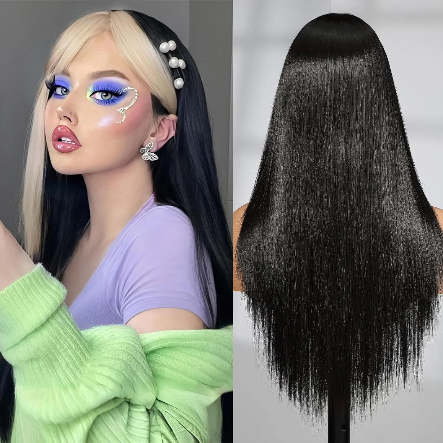 Lace Front Wig Synthetic Long Straight Gluless Black with Blonde Highlights Wigs With Baby Hair For Women 26Inch