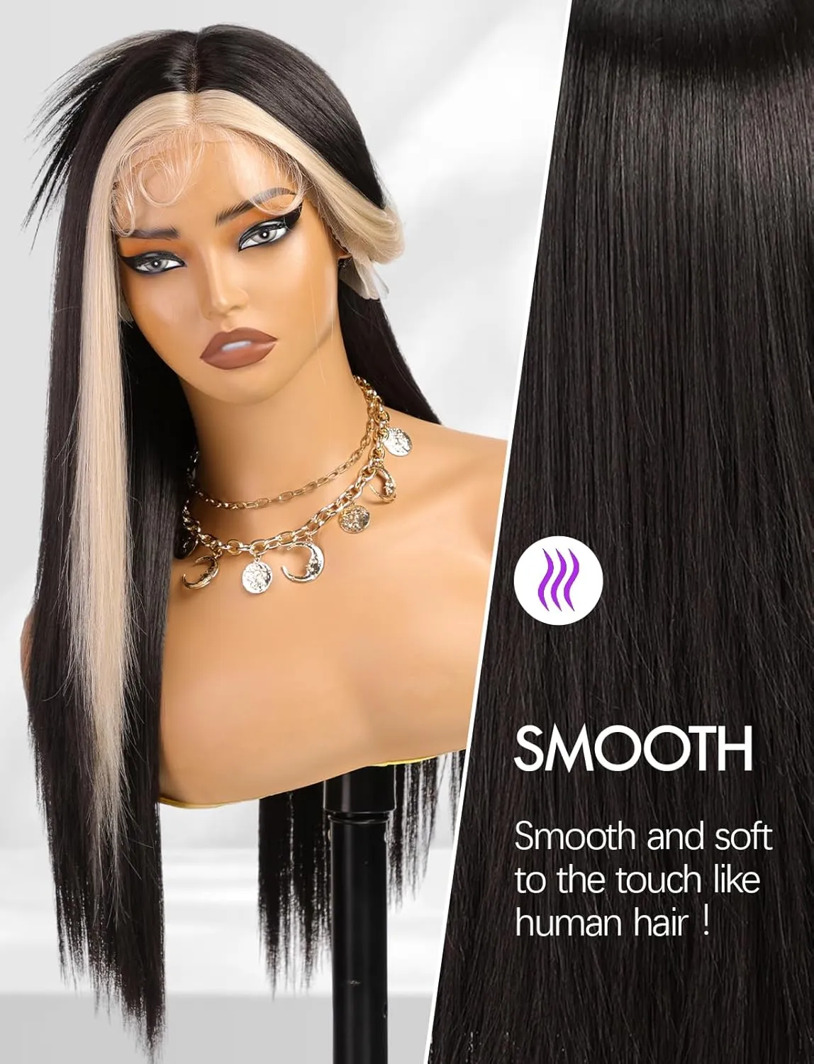 Lace Front Wig Synthetic Long Straight Gluless Black with Blonde Highlights Wigs With Baby Hair For Women 26Inch