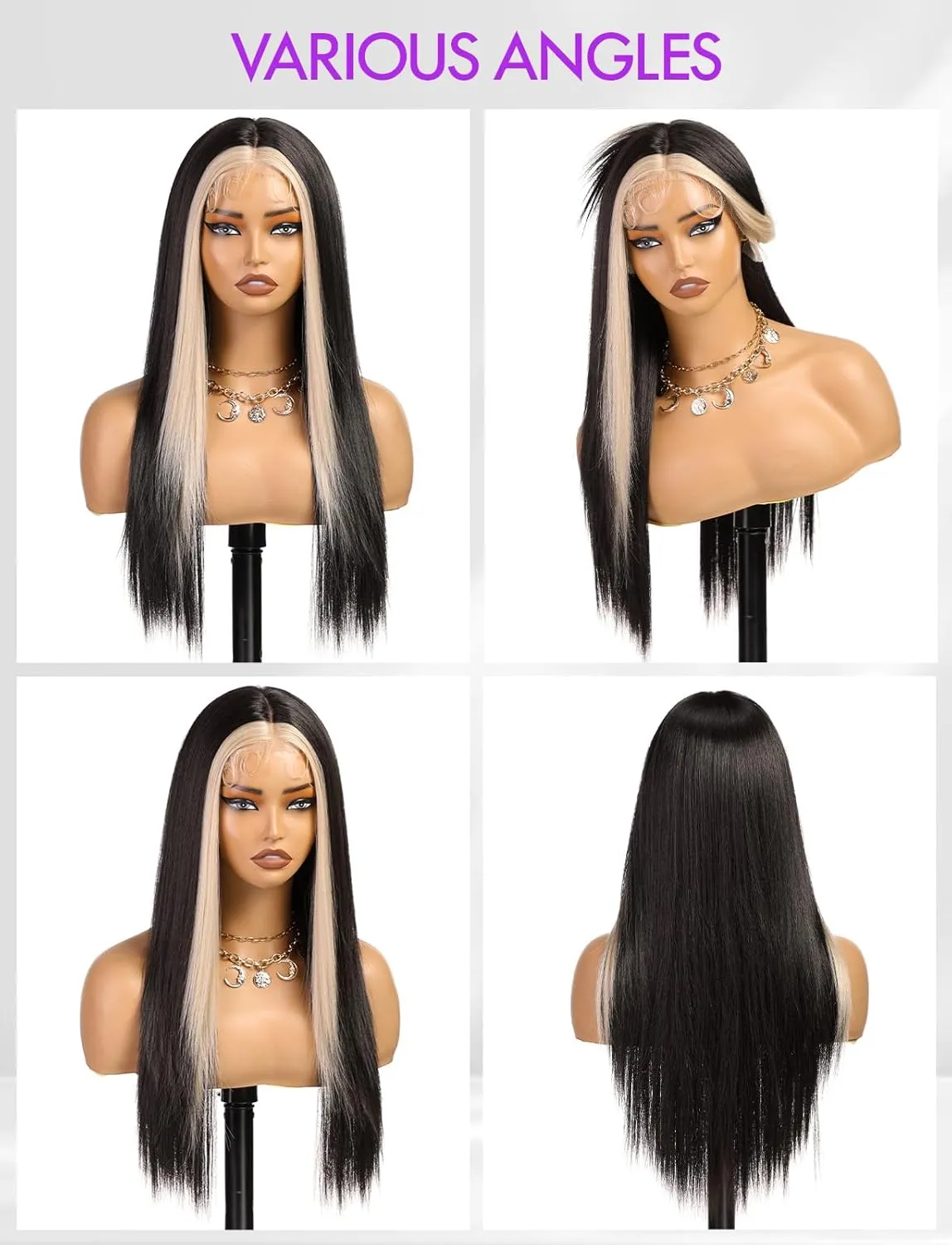 Lace Front Wig Synthetic Long Straight Gluless Black with Blonde Highlights Wigs With Baby Hair For Women 26Inch