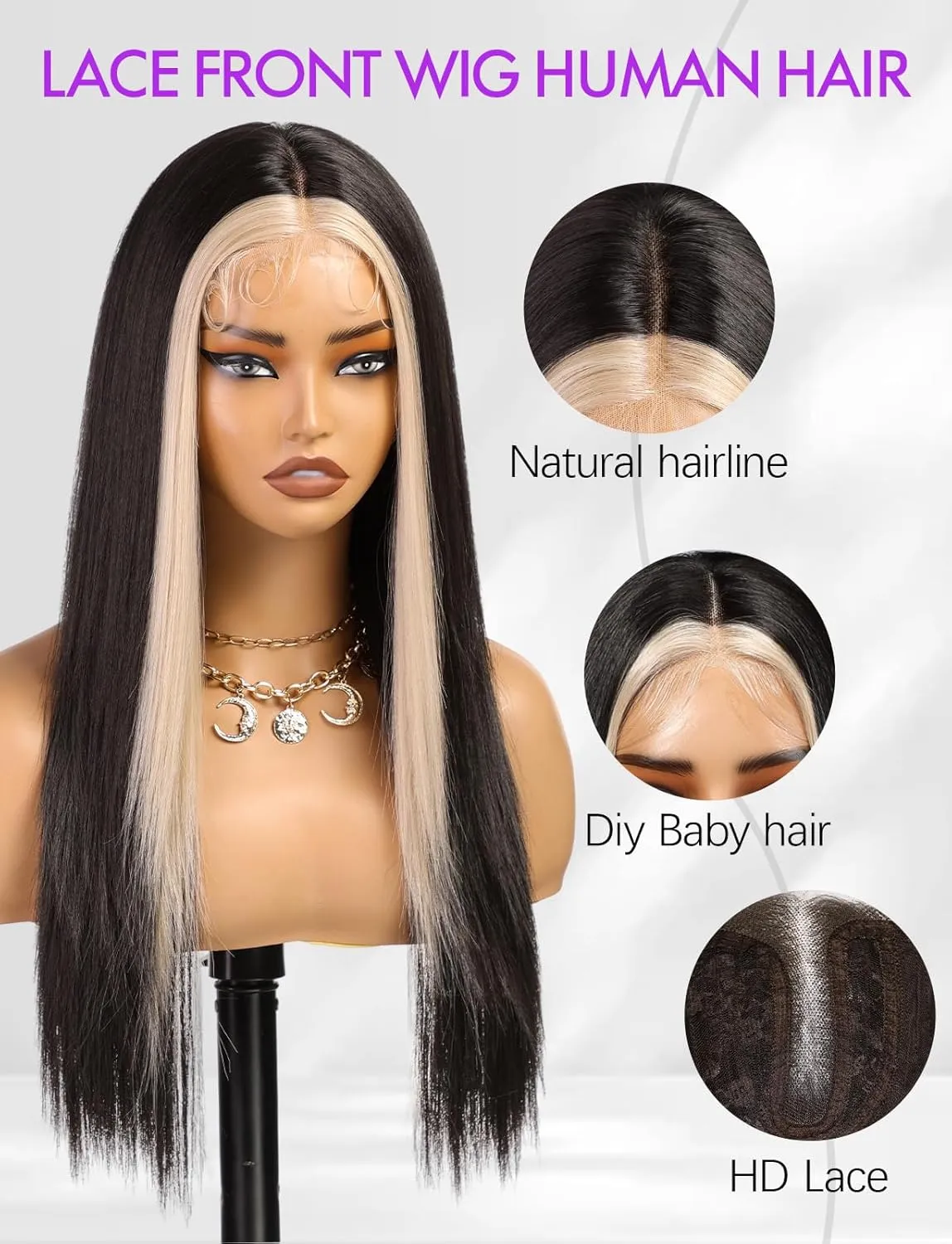Lace Front Wig Synthetic Long Straight Gluless Black with Blonde Highlights Wigs With Baby Hair For Women 26Inch