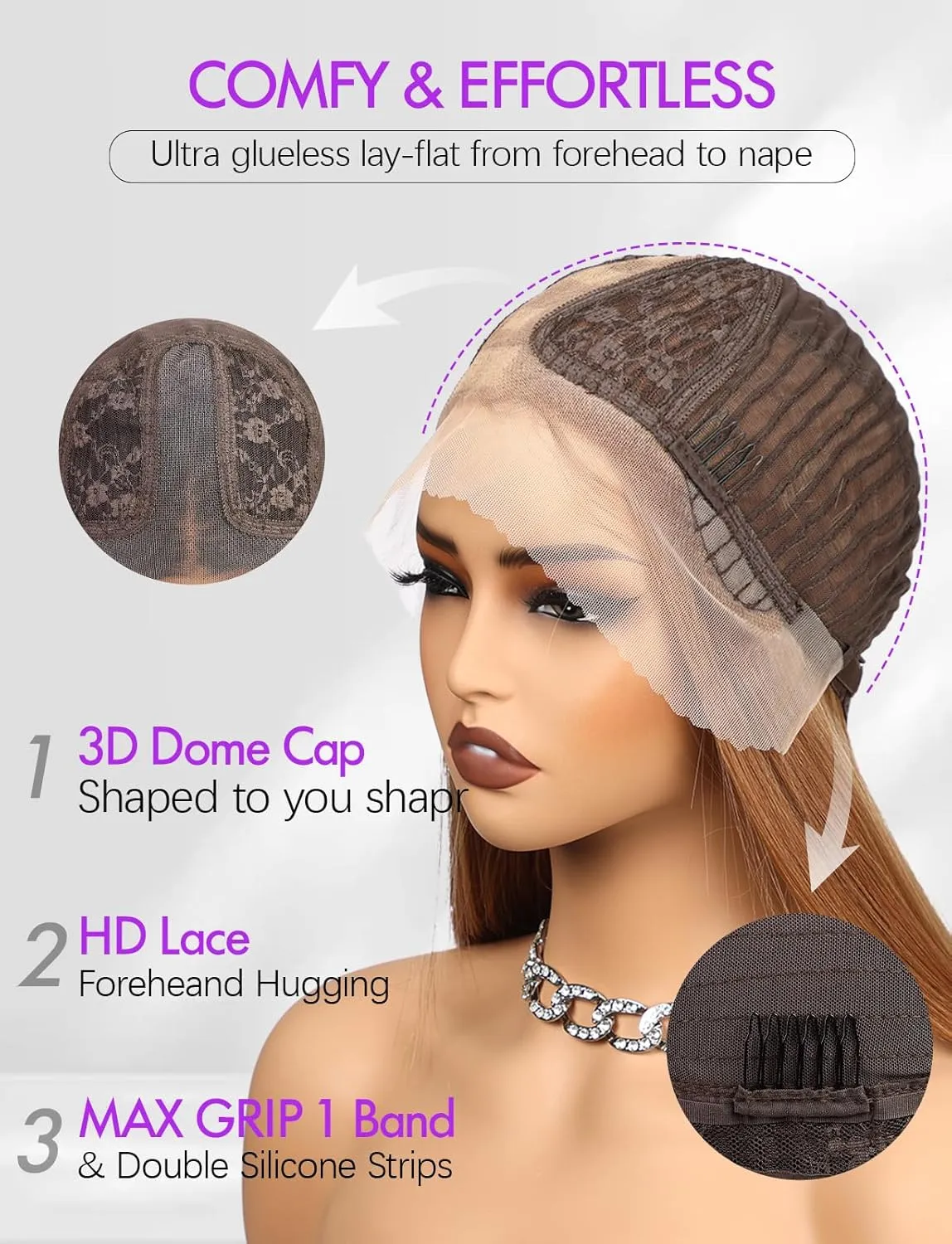 Lace Front Wig Synthetic Long Straight Gluless Black with Blonde Highlights Wigs With Baby Hair For Women 26Inch