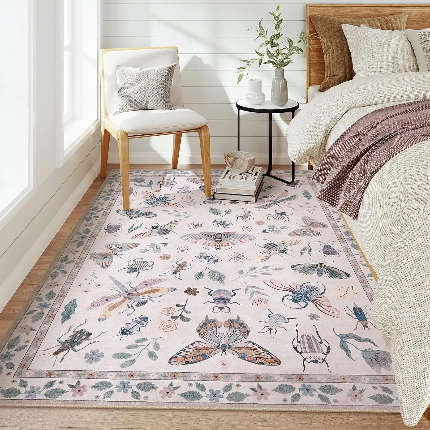 Lahome Insect Machine Washable Rugs 5x7, Non Slip Soft Pink Rugs for Bedroom Girls Living Room, Ultra-Thin Stain Resistant Accent Carpet for Dining Room Office Nursery(5'x7',Pink)