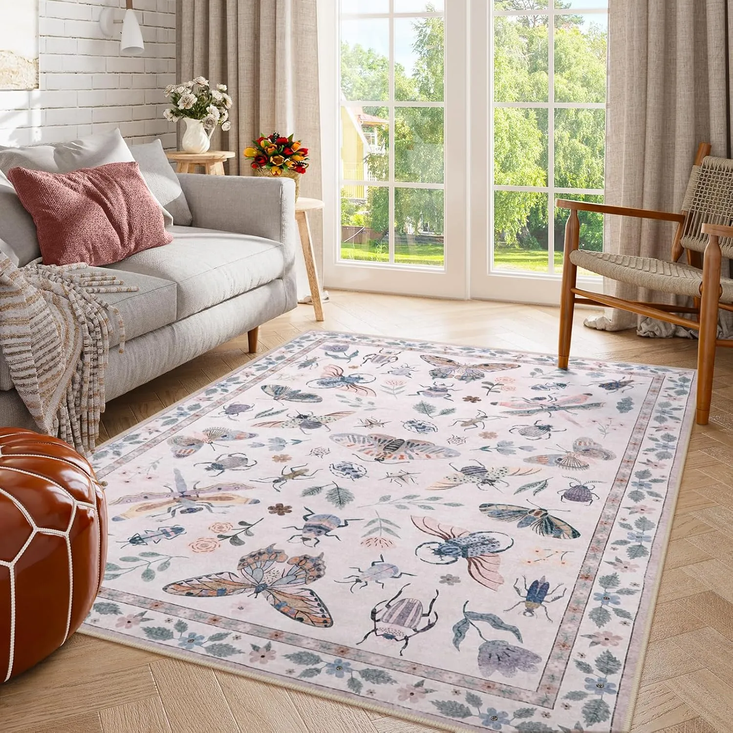 Lahome Insect Machine Washable Rugs 5x7, Non Slip Soft Pink Rugs for Bedroom Girls Living Room, Ultra-Thin Stain Resistant Accent Carpet for Dining Room Office Nursery(5'x7',Pink)