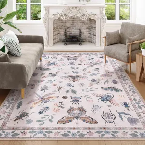 Lahome Insect Machine Washable Rugs 5x7, Non Slip Soft Pink Rugs for Bedroom Girls Living Room, Ultra-Thin Stain Resistant Accent Carpet for Dining Room Office Nursery(5'x7',Pink)