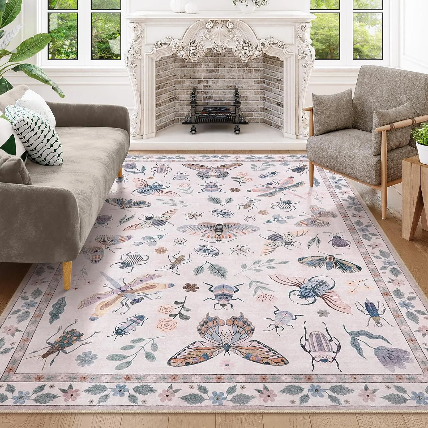 Lahome Insect Machine Washable Rugs 5x7, Non Slip Soft Pink Rugs for Bedroom Girls Living Room, Ultra-Thin Stain Resistant Accent Carpet for Dining Room Office Nursery(5'x7',Pink)