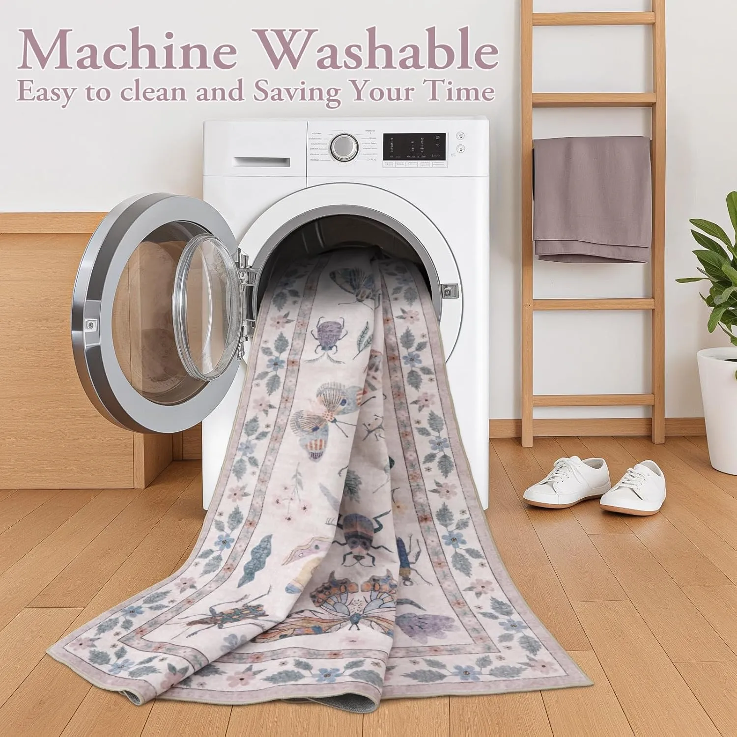 Lahome Insect Machine Washable Rugs 5x7, Non Slip Soft Pink Rugs for Bedroom Girls Living Room, Ultra-Thin Stain Resistant Accent Carpet for Dining Room Office Nursery(5'x7',Pink)