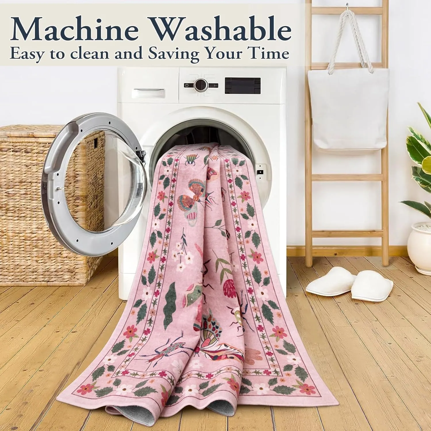 Lahome Insect Machine Washable Rugs 5x7, Soft Modern Pink Rugs for Bedroom Girls Living Room, Non Slip Ultra-Thin Stain Resistant Accent Carpet for Dining Room Nursery(5'x7',Pink)