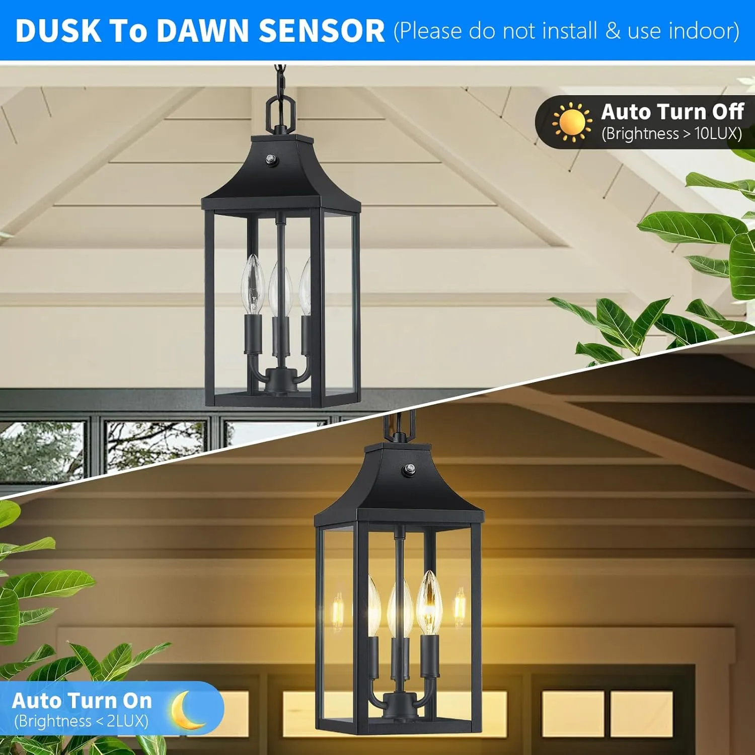 Large Outdoor Pendant Light Fixtures 3-Light, 15'' Dusk to Dawn Exterior Hanging Lantern Porch Light Adjustable, Black Hanging Lamp Farmhouse Exterior Chandelier Ceiling Mount for Entrance Patio