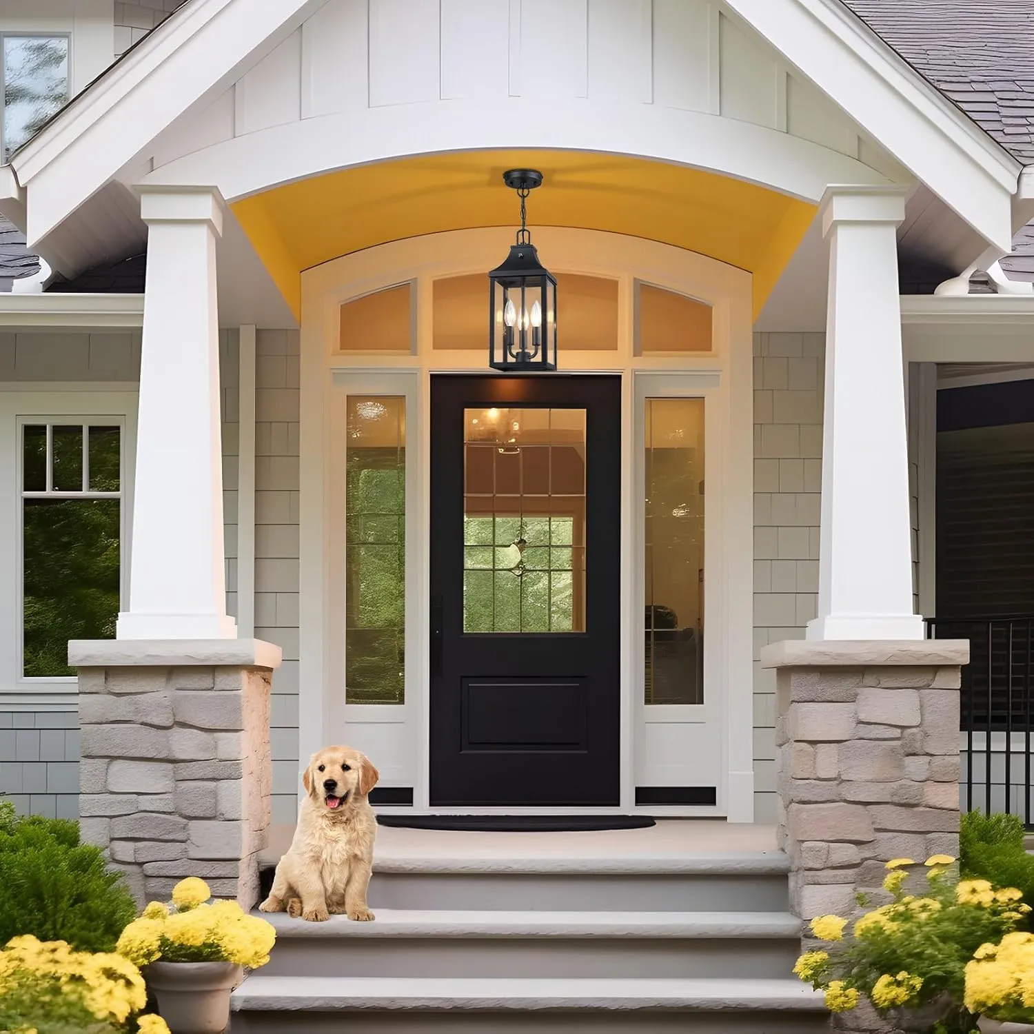 Large Outdoor Pendant Light Fixtures 3-Light, 15'' Dusk to Dawn Exterior Hanging Lantern Porch Light Adjustable, Black Hanging Lamp Farmhouse Exterior Chandelier Ceiling Mount for Entrance Patio